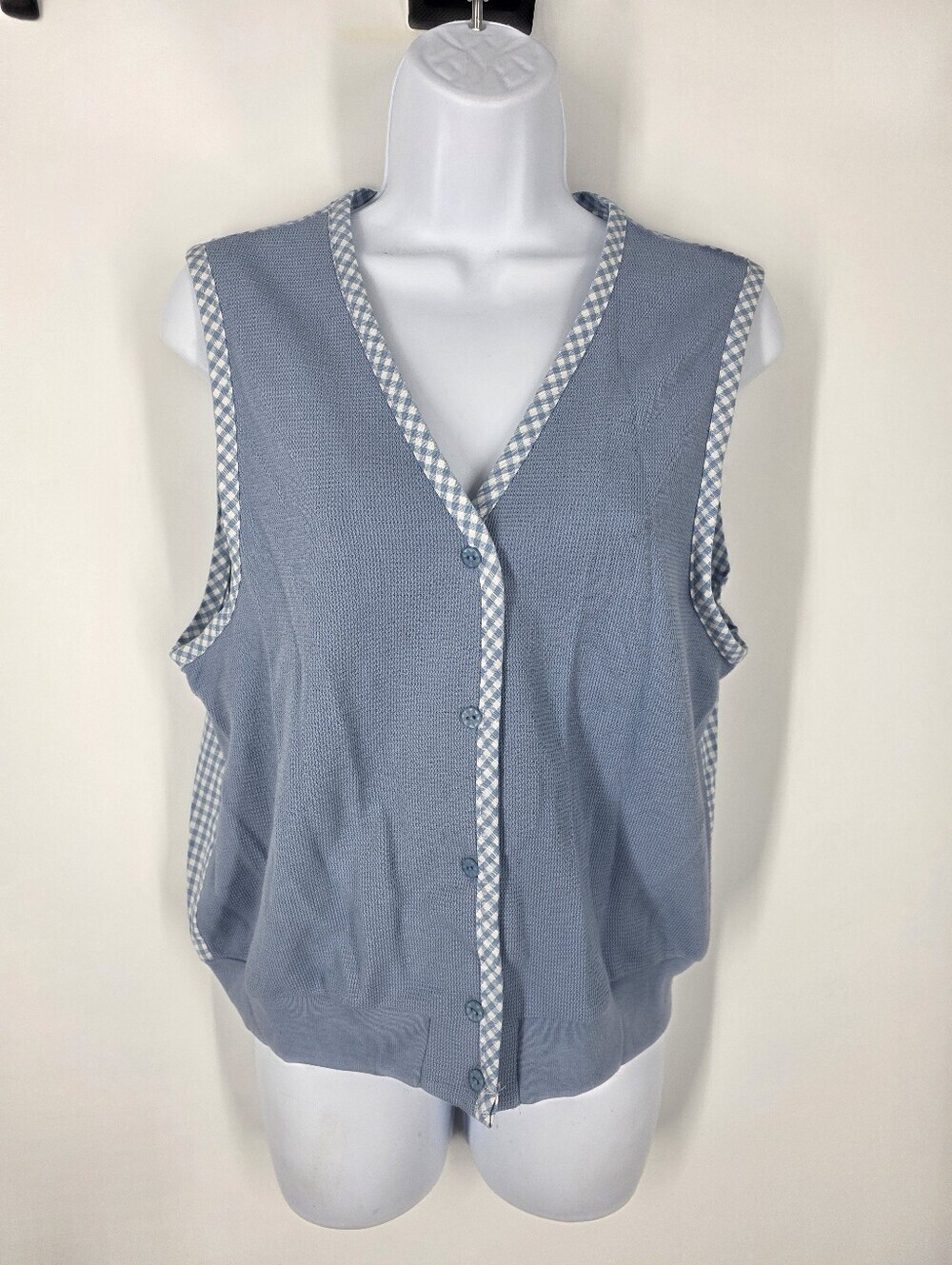 Amana Woolen Mill Vintage Knit Vest Medium Blue Gingham Back